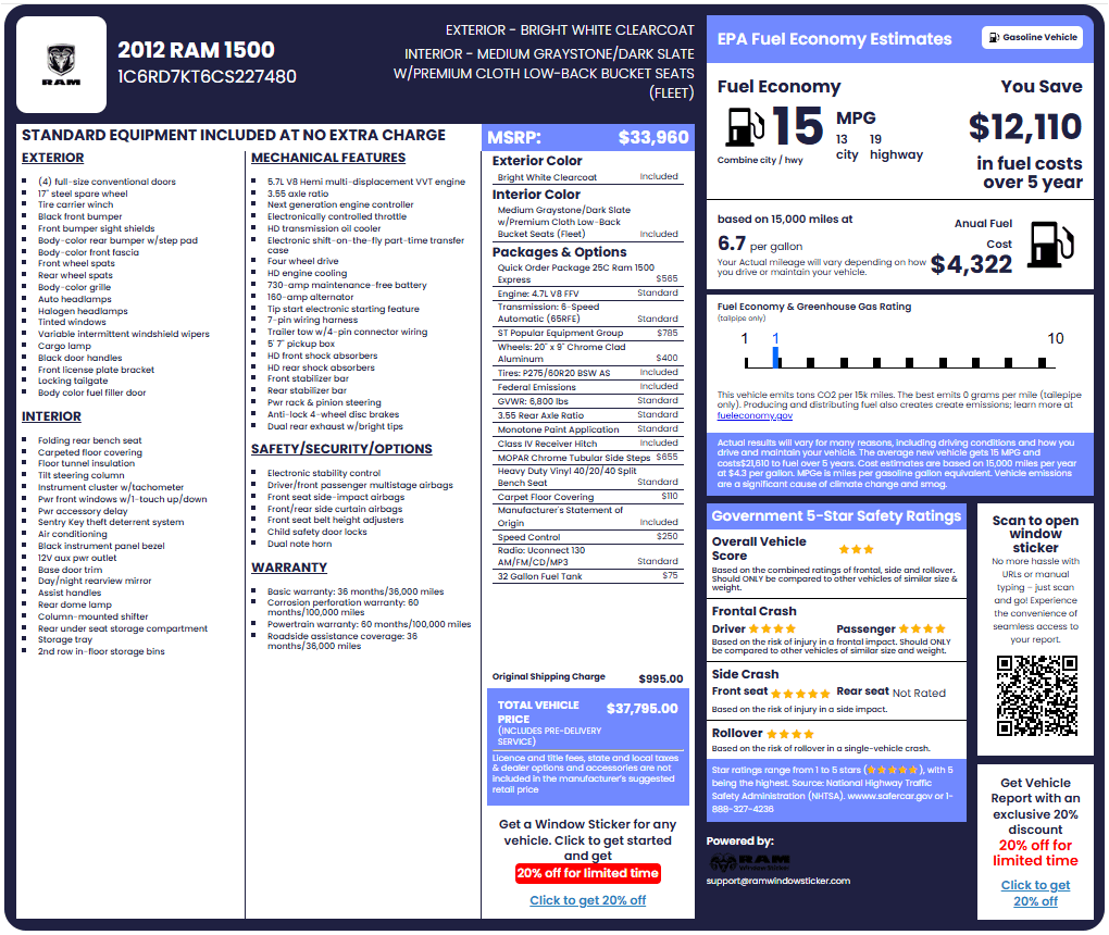 Sample RAM window sticker showing MSRP, features, fuel economy, and factory options